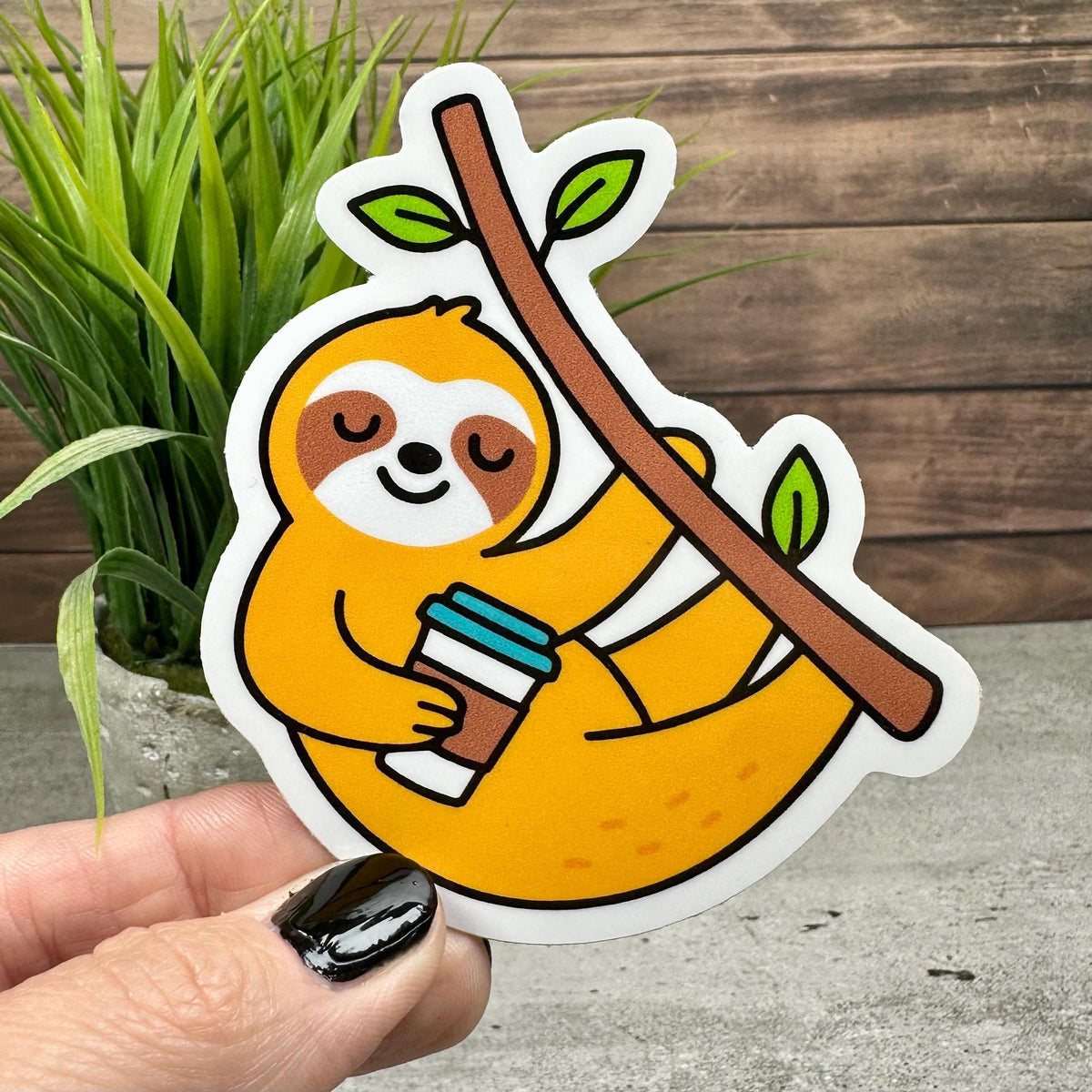 Cute Sloth Coffee Sticker: 3in x 2.5in Waterproof Vinyl Decal