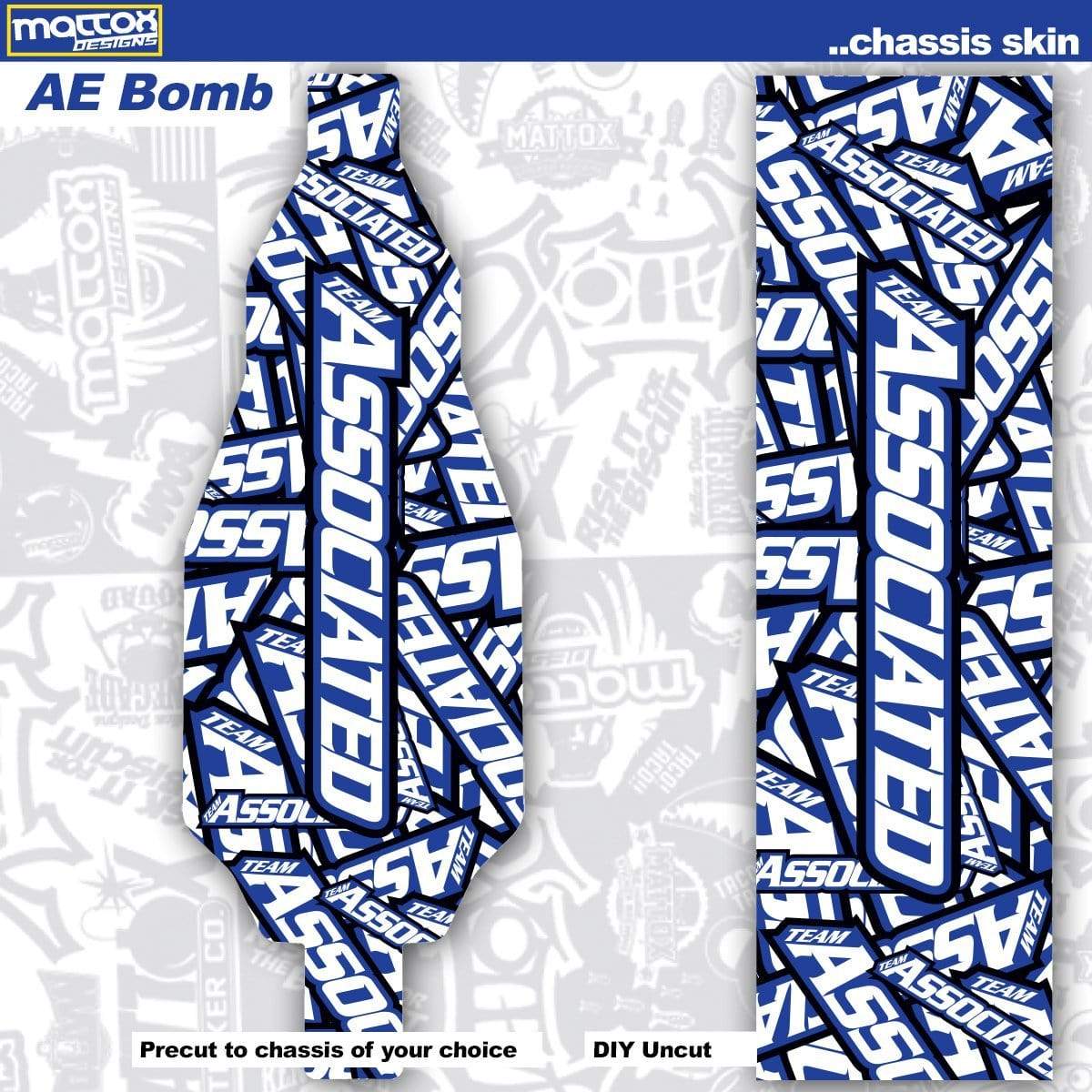 Custom RC car chassis skin. AE logo bomb in blue and white for rc cars. Stickers Make you faster.