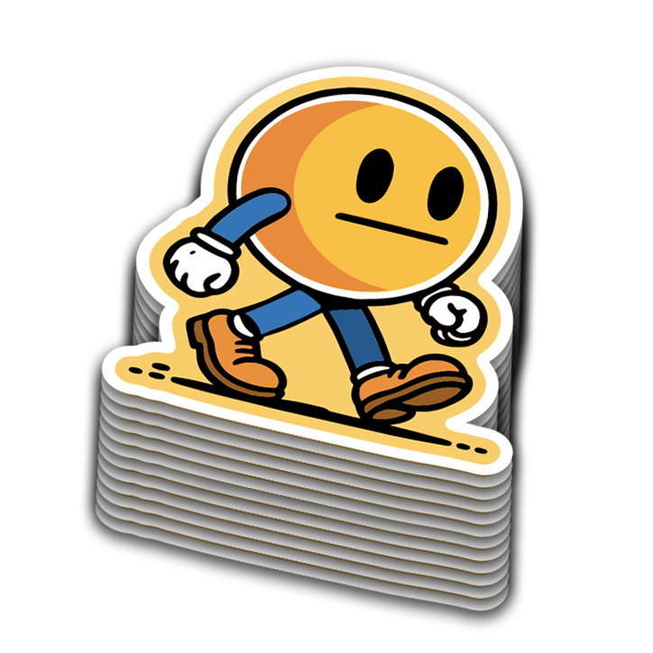 Cartoon character with a round head and simple features on a yellow background