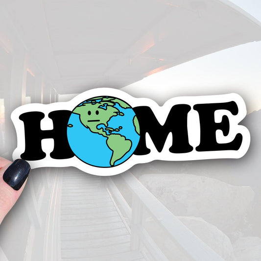 sticker that says home with an image of a planet in the center of the O