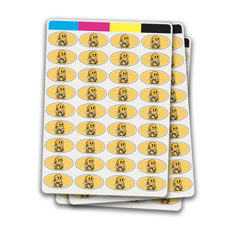 Sheet of stickers with a cartoon character on a white background