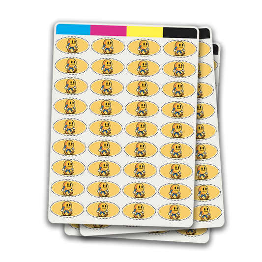 Sheet of stickers with a cartoon character on a white background