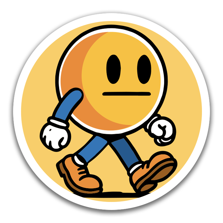 Cartoon character with a round head and legs on a yellow background
