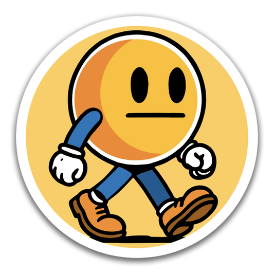Cartoon character with a round head and legs on a yellow background