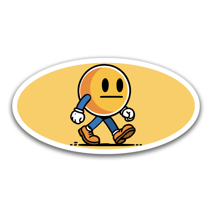 Cartoon character with a neutral expression on a yellow oval background