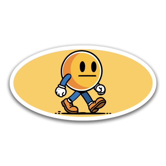 Cartoon character with a neutral expression on a yellow oval background