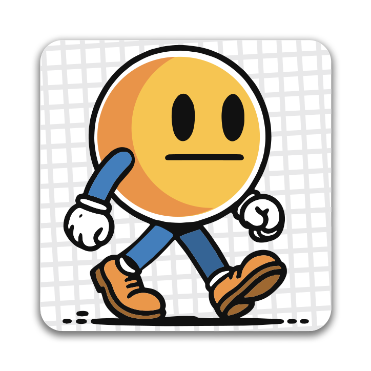 Cartoon character with a yellow face, blue body, and brown shoes on a white background
