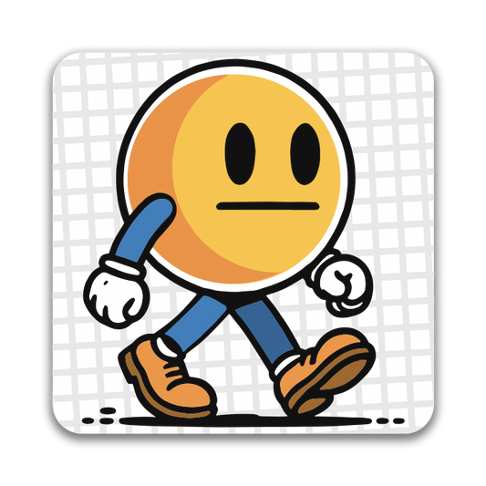Cartoon character with a yellow face, blue body, and brown shoes on a white background