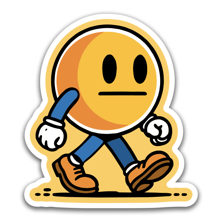 Cartoon character with a yellow face, blue pants, and brown shoes on a white background