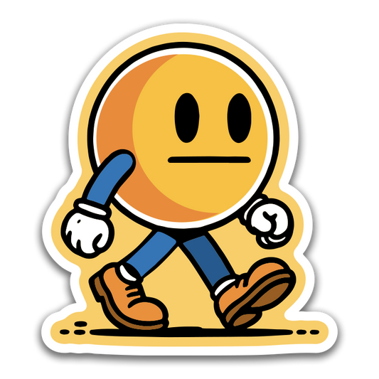 Cartoon character with a yellow face, blue pants, and brown shoes on a white background