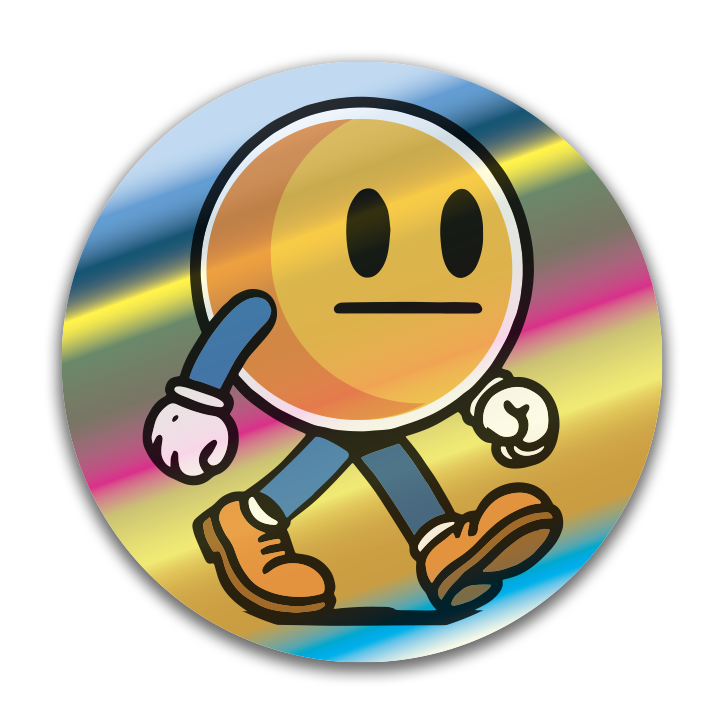 Circular sticker with a cartoon character on a colorful gradient holographic background