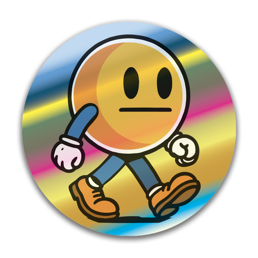 Circular sticker with a cartoon character on a colorful gradient holographic background