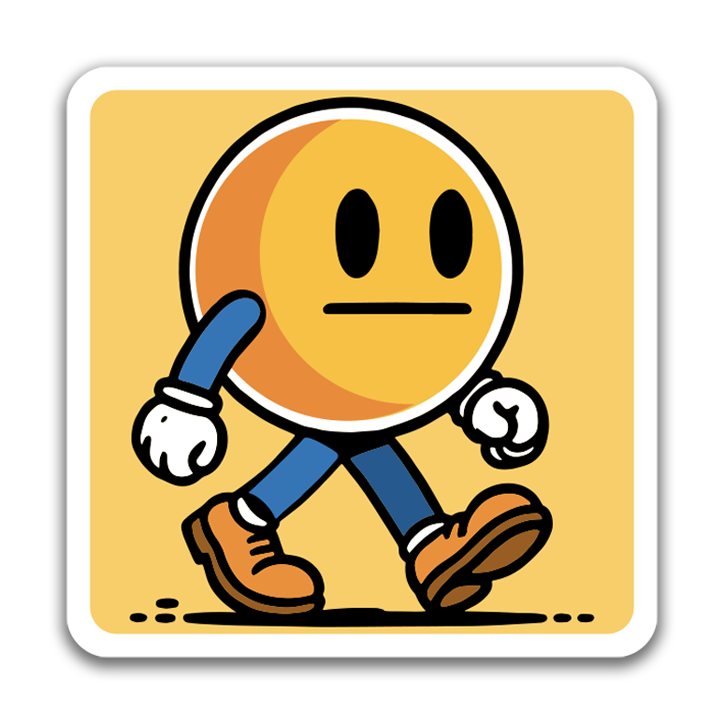 Cartoon character with a round head and simple features on a yellow background