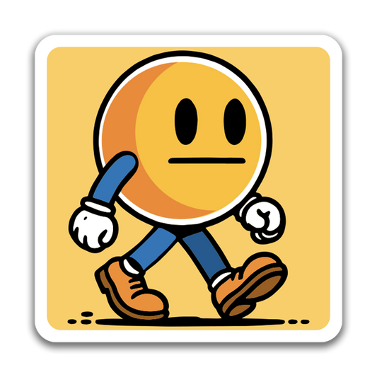 Cartoon character with a round head and simple features on a yellow background