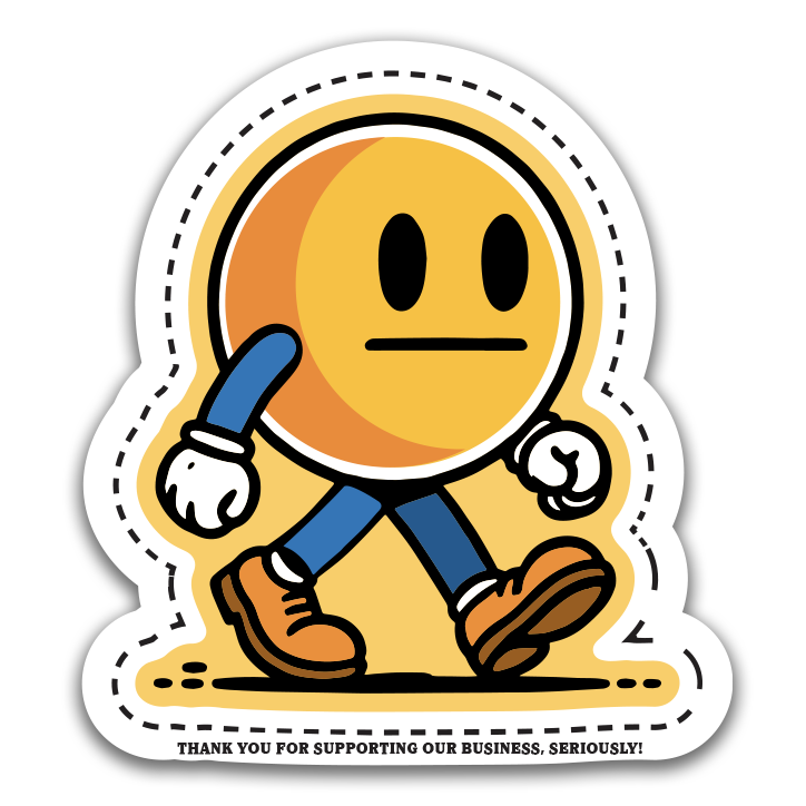 Cartoon character with a yellow face and blue pants on a white background