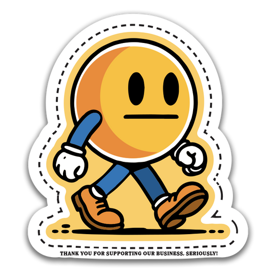 Cartoon character with a yellow face and blue pants on a white background