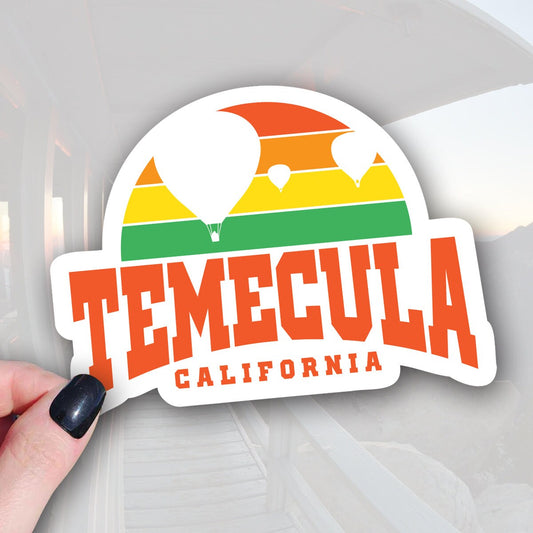 a sticker that says temecula california with hot air ballons