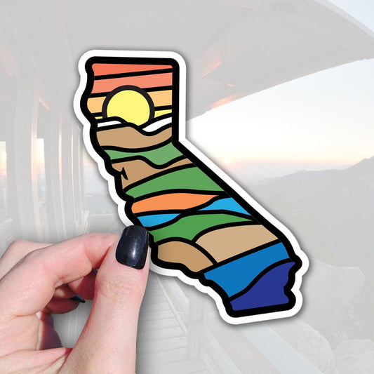 a sticker of the state of california in colorful colors