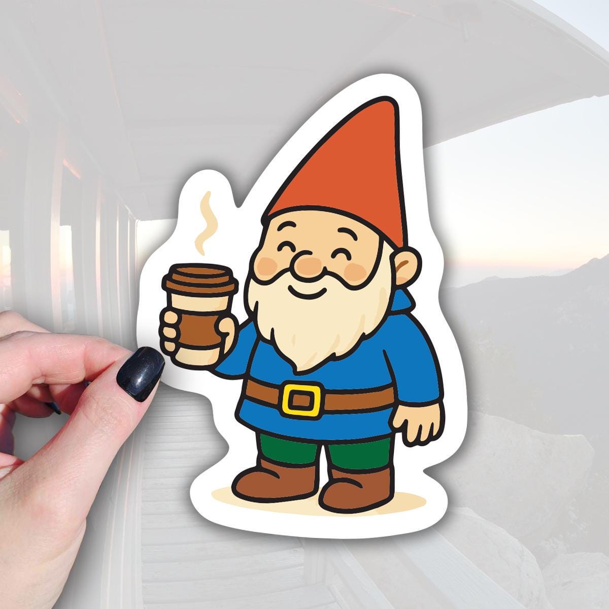 A cartoon illustration of a smiling gnome holding a cup of coffee.