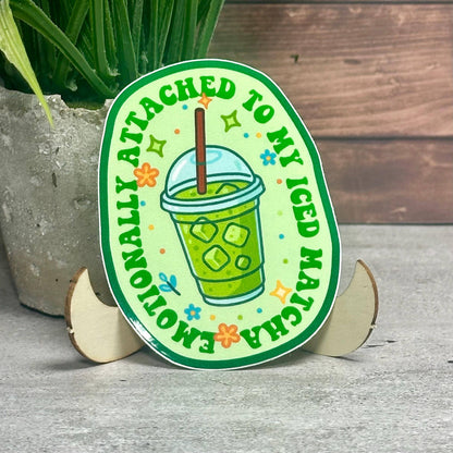 Emotionally Attached Iced Matcha Sticker -Cute Coffee Decor, Waterproof 3.5x2.5in