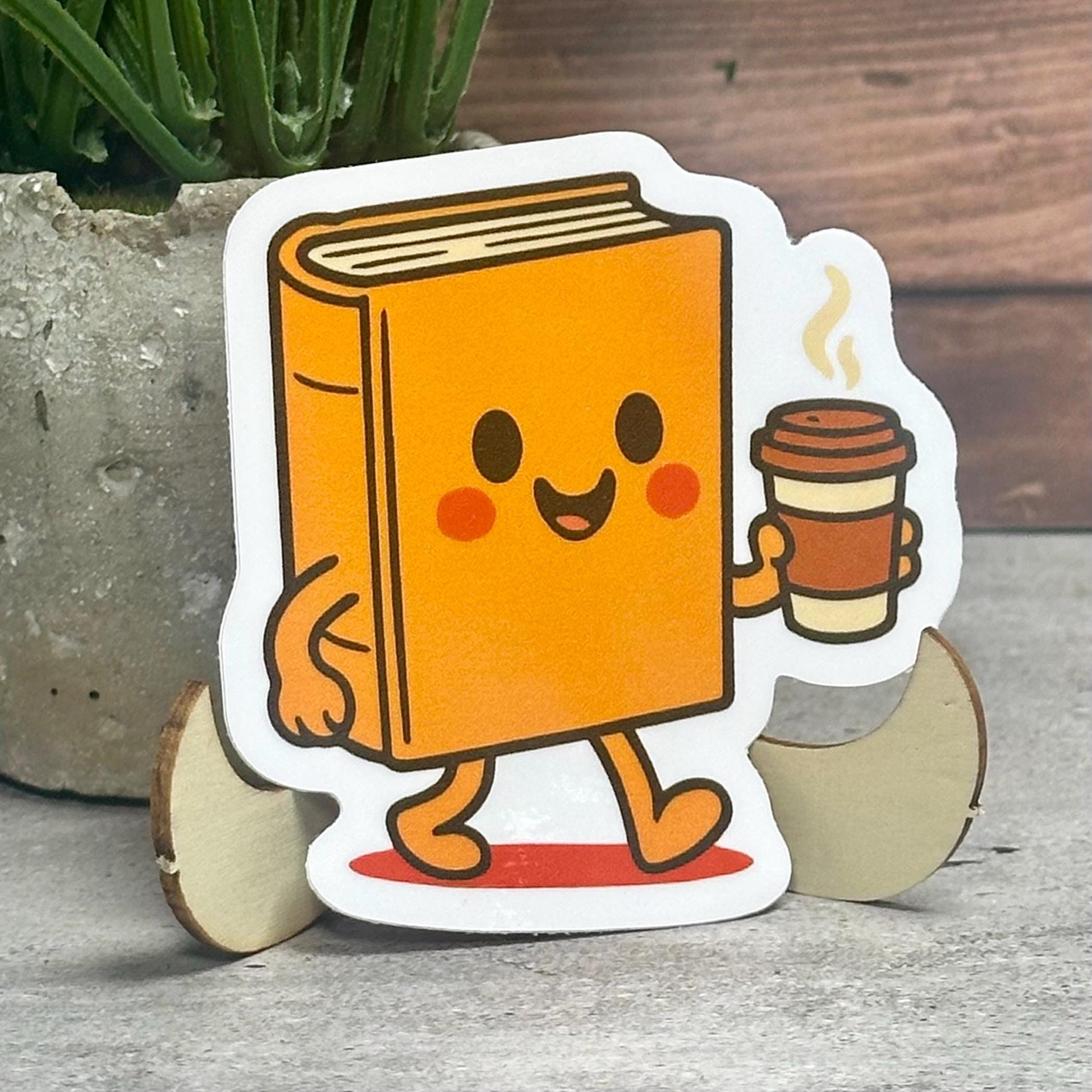 Book Drinking Coffee Vinyl Sticker, Cute Design (3in x 3in, Waterproof)