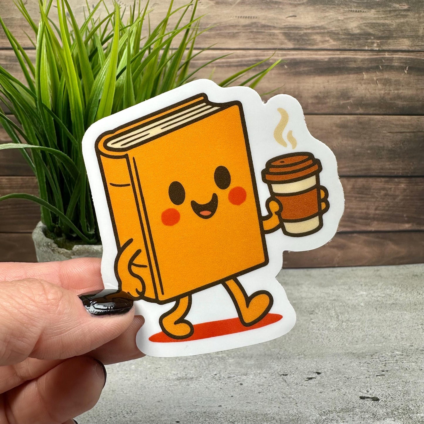 Book Drinking Coffee Vinyl Sticker, Cute Design (3in x 3in, Waterproof)