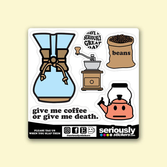 a collection of cartoon-style icons and text, including a coffee maker, a bag of beans, and a kettle, along with a humorous caption that reads give me coffee or give me death.