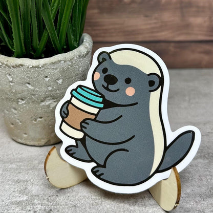 Honey Badger Vinyl Sticker, Cute Coffee Design [Waterproof decal, 3x3 inches]