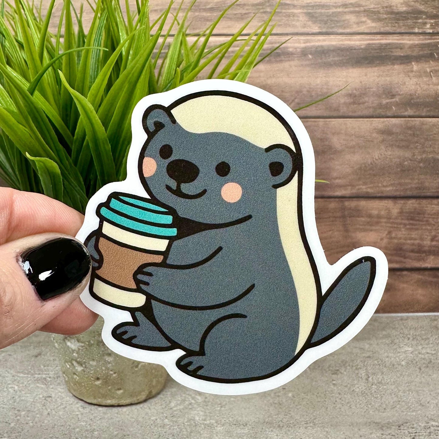 Honey Badger Vinyl Sticker, Cute Coffee Design [Waterproof decal, 3x3 inches]