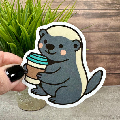 Honey Badger Vinyl Sticker, Cute Coffee Design [Waterproof decal, 3x3 inches]