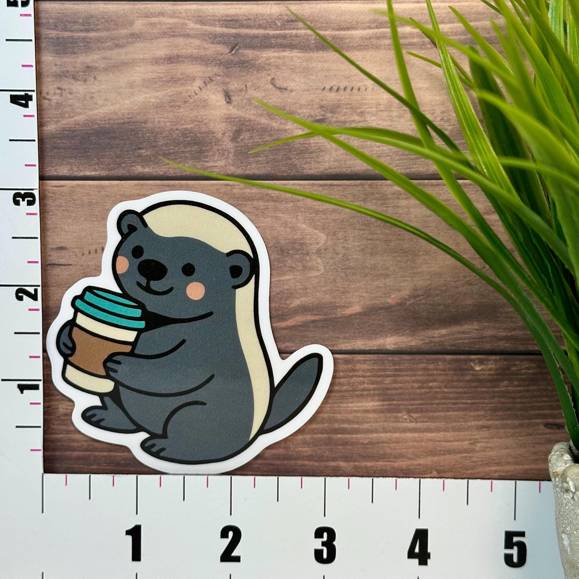 Honey Badger Vinyl Sticker, Cute Coffee Design [Waterproof decal, 3x3 inches]