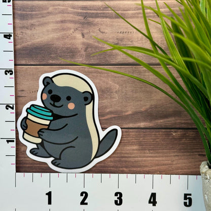 Honey Badger Vinyl Sticker, Cute Coffee Design [Waterproof decal, 3x3 inches]