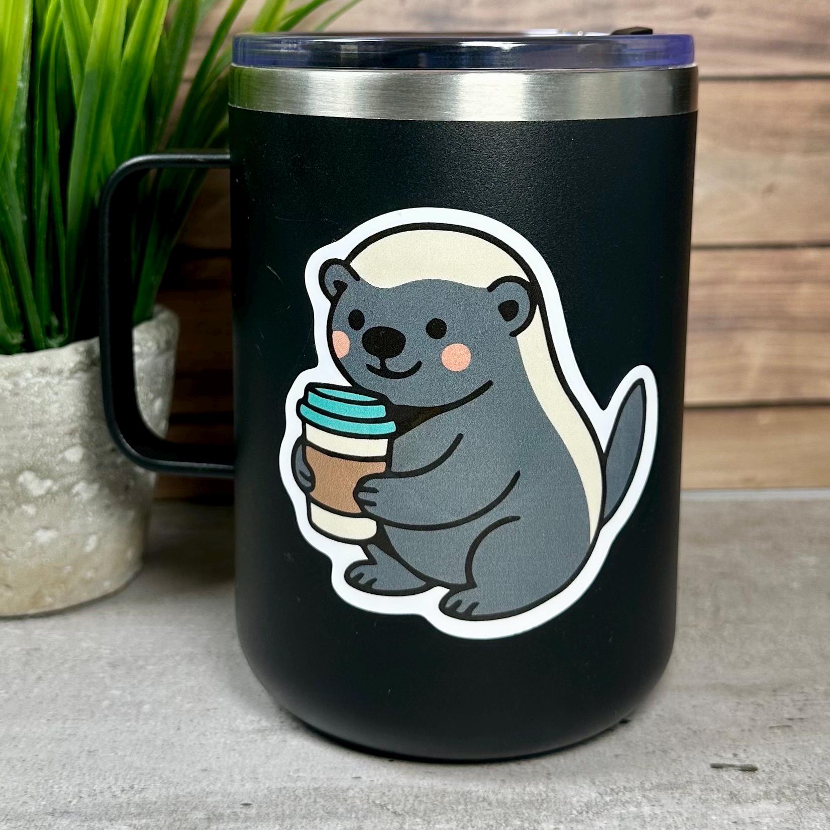 Honey Badger Vinyl Sticker, Cute Coffee Design [Waterproof decal, 3x3 inches]