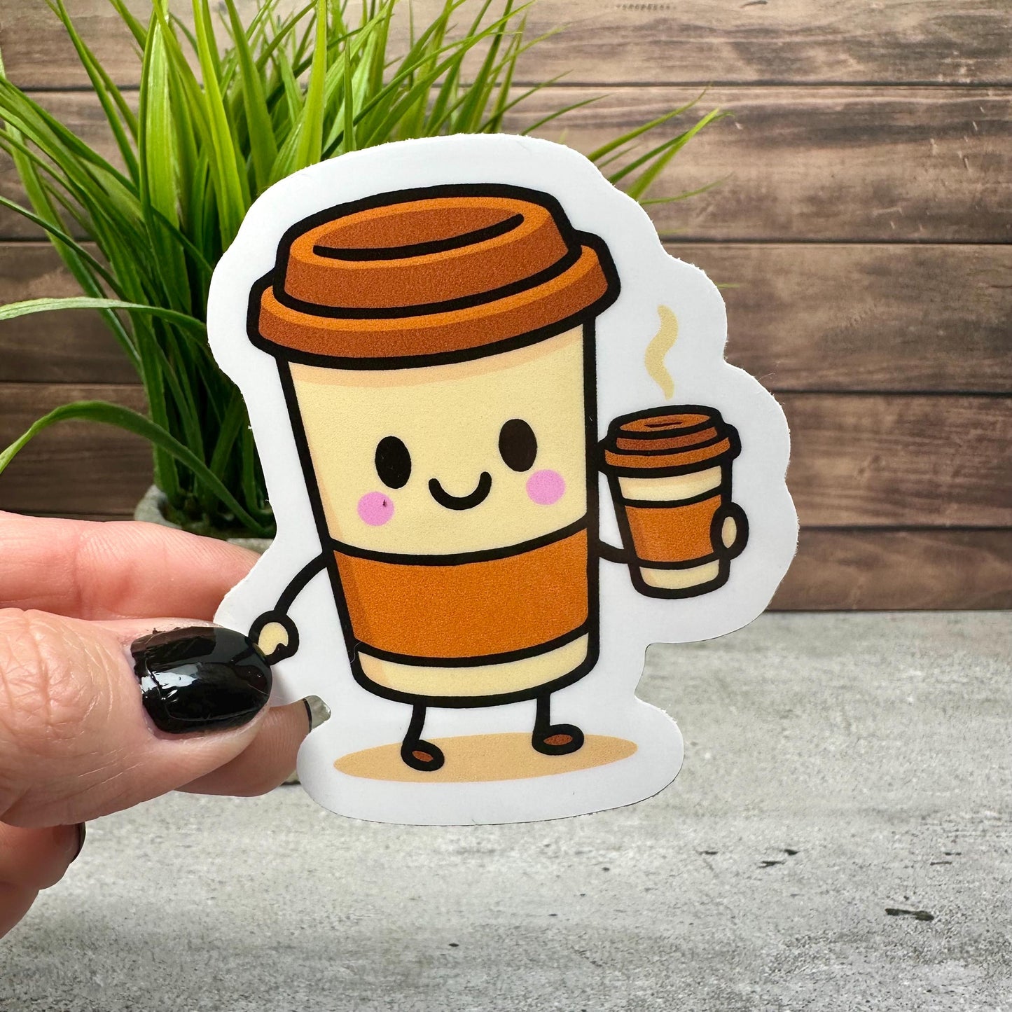 Coffee Drinking Coffee Vinyl Sticker, Cute Design (3in x 2.5in, Waterproof)