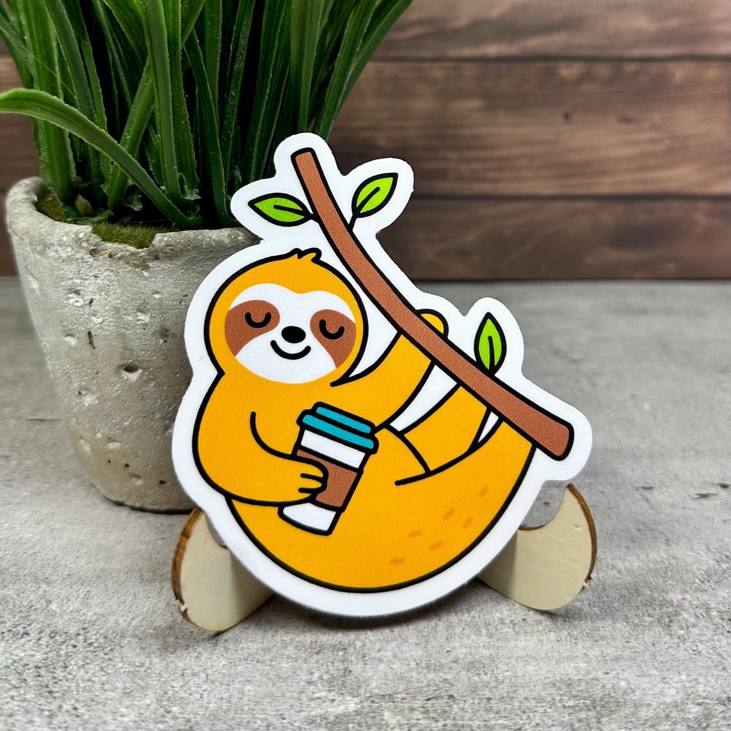 Cute Sloth Coffee Sticker: 3in x 2.5in Waterproof Vinyl Decal
