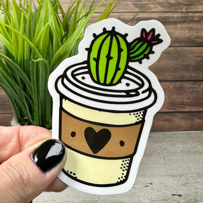 Cactus Coffee Cup Sticker: Waterproof Vinyl Decal (3.5x2.25")