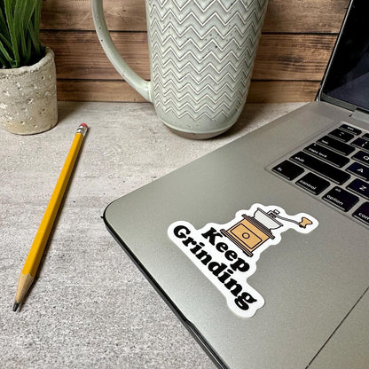 Coffee Grinder Sticker: Vintage Keep Grinding Design (Waterproof Vinyl 2.5x3in)