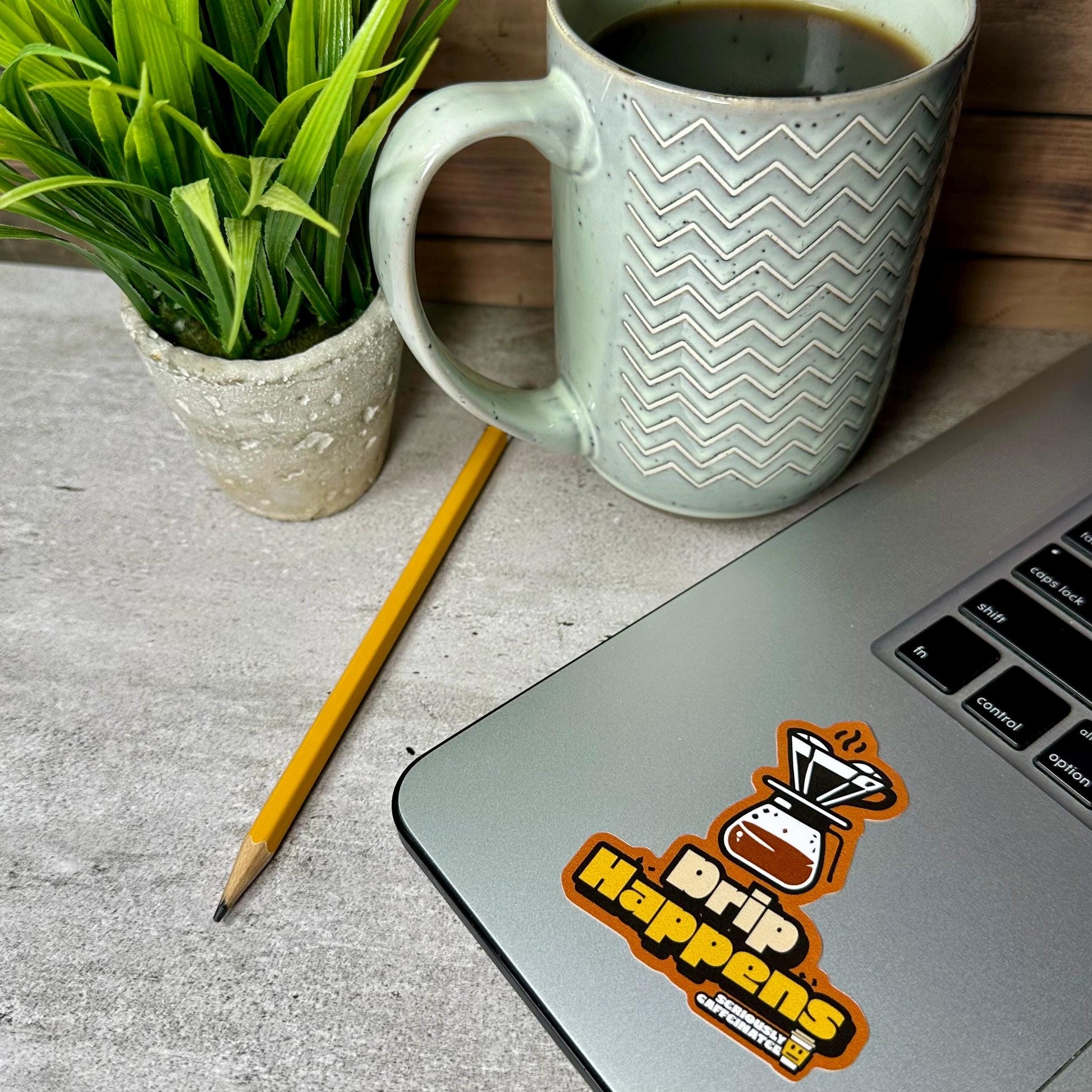 Coffee Lover Sticker: Drip Happens Quote - Waterproof Vinyl 3"