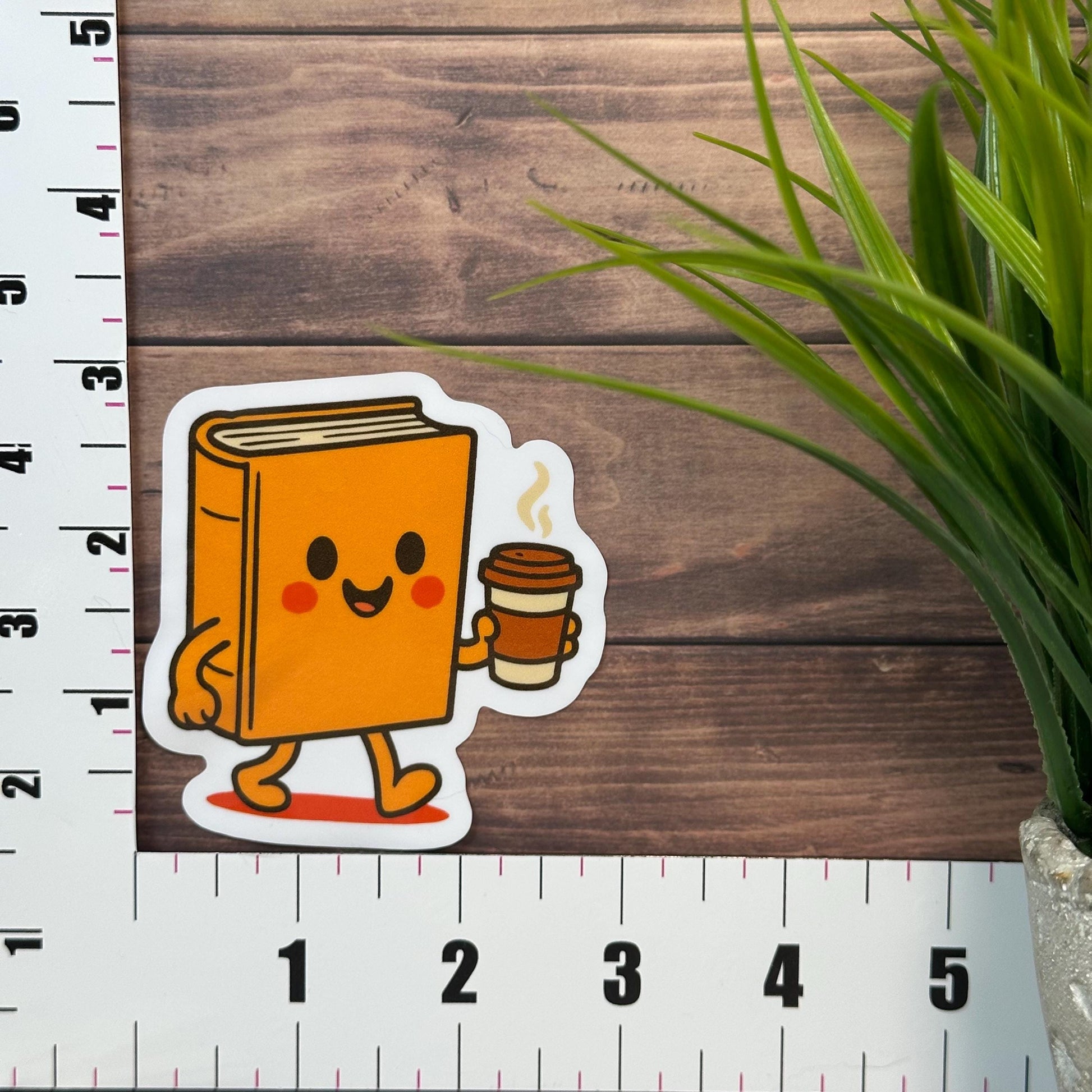 Book Drinking Coffee Vinyl Sticker, Cute Design (3in x 3in, Waterproof)