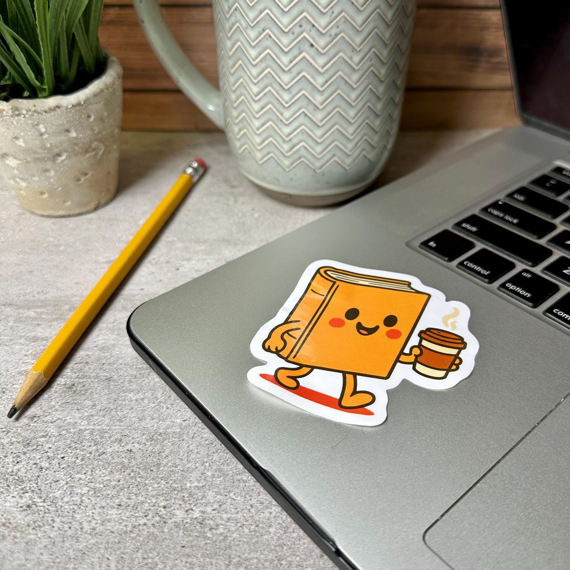 Book Drinking Coffee Vinyl Sticker, Cute Design (3in x 3in, Waterproof)