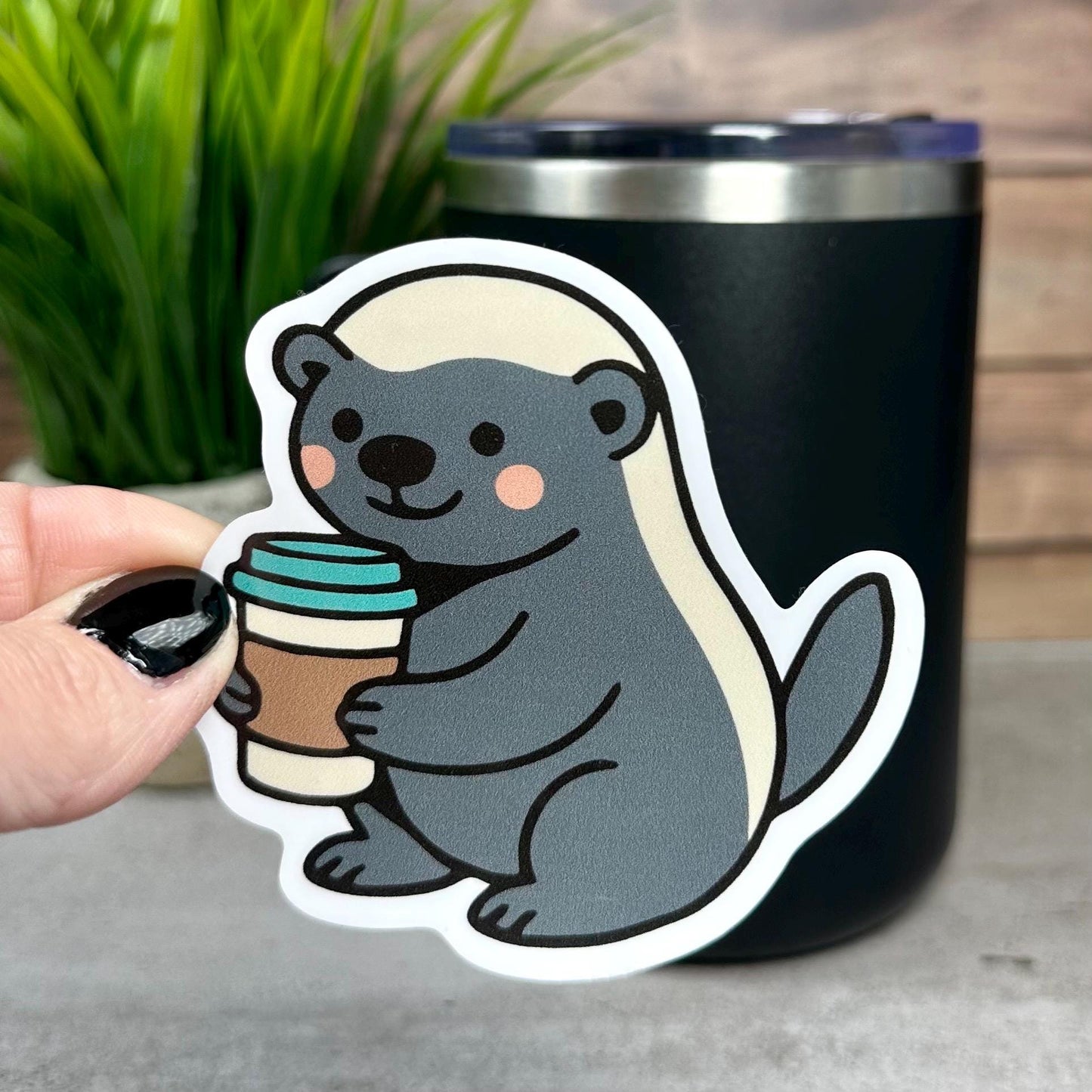 Honey Badger Vinyl Sticker, Cute Coffee Design [Waterproof decal, 3x3 inches]