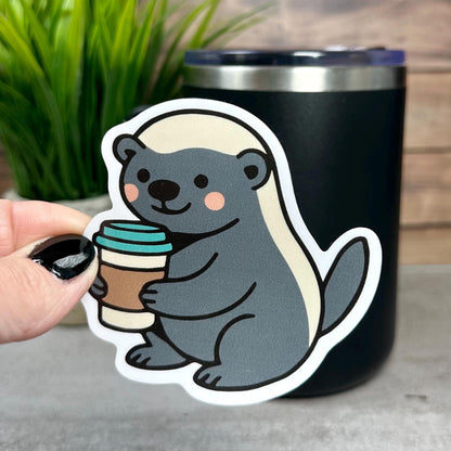 Honey Badger Vinyl Sticker, Cute Coffee Design [Waterproof decal, 3x3 inches]