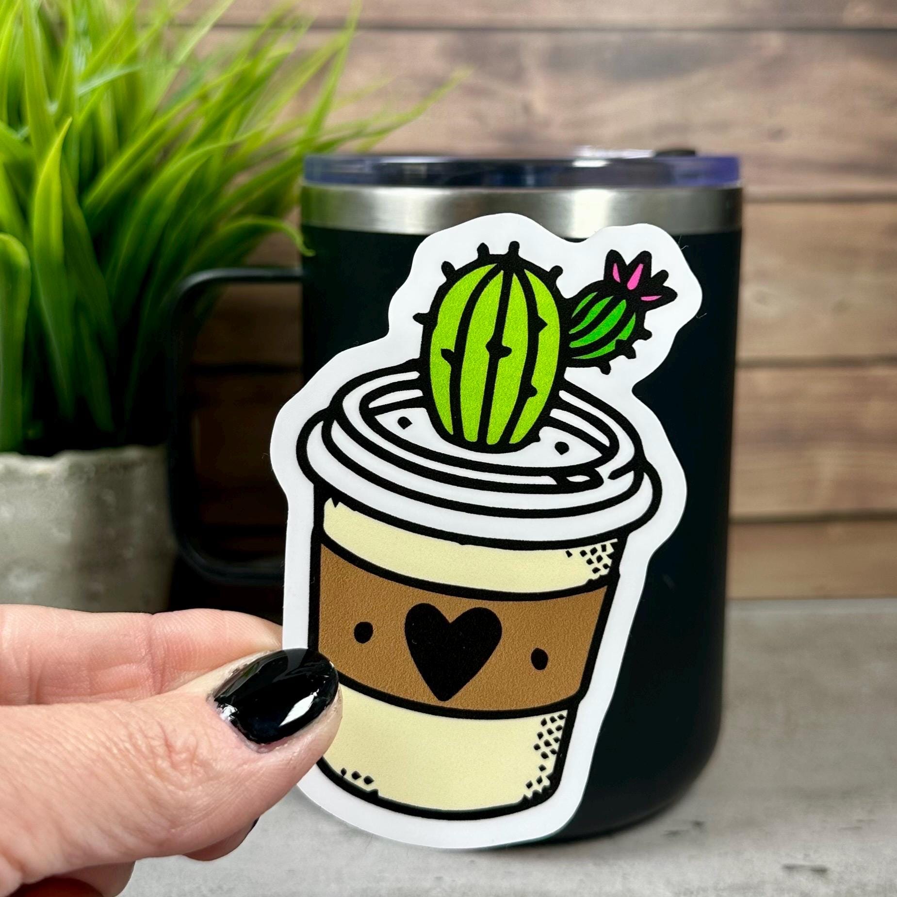Cactus Coffee Cup Sticker: Waterproof Vinyl Decal (3.5x2.25")