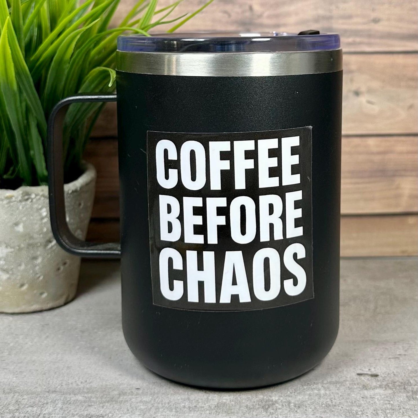 Coffee Before Chaos Sticker, Black and White Design [Waterproof Vinyl, 2.5"]