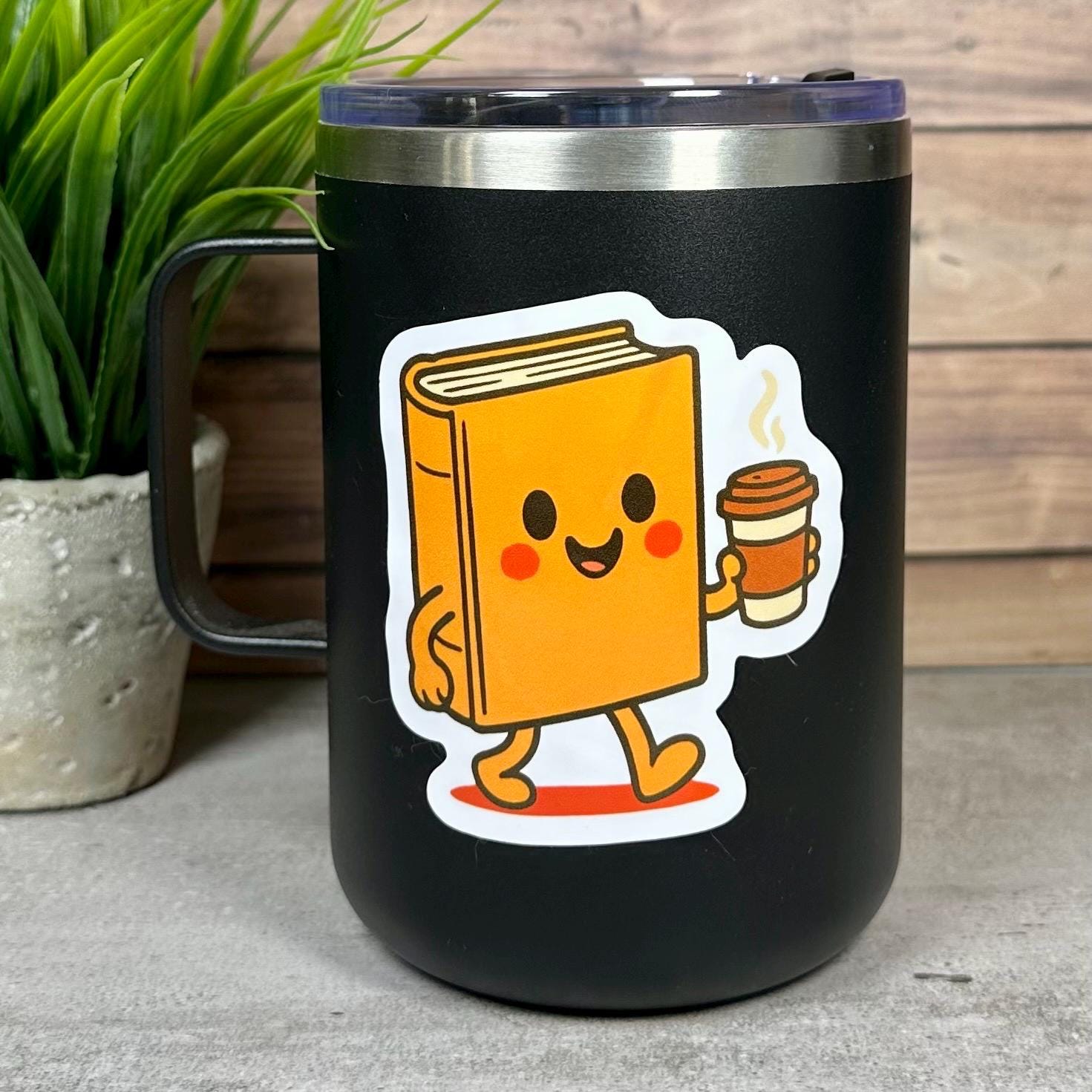 Book Drinking Coffee Vinyl Sticker, Cute Design (3in x 3in, Waterproof)