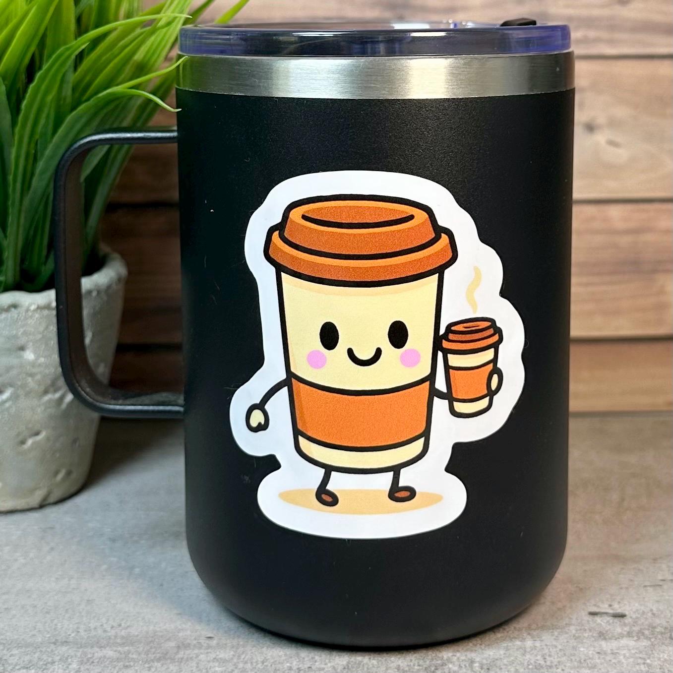 Coffee Drinking Coffee Vinyl Sticker, Cute Design (3in x 2.5in, Waterproof)
