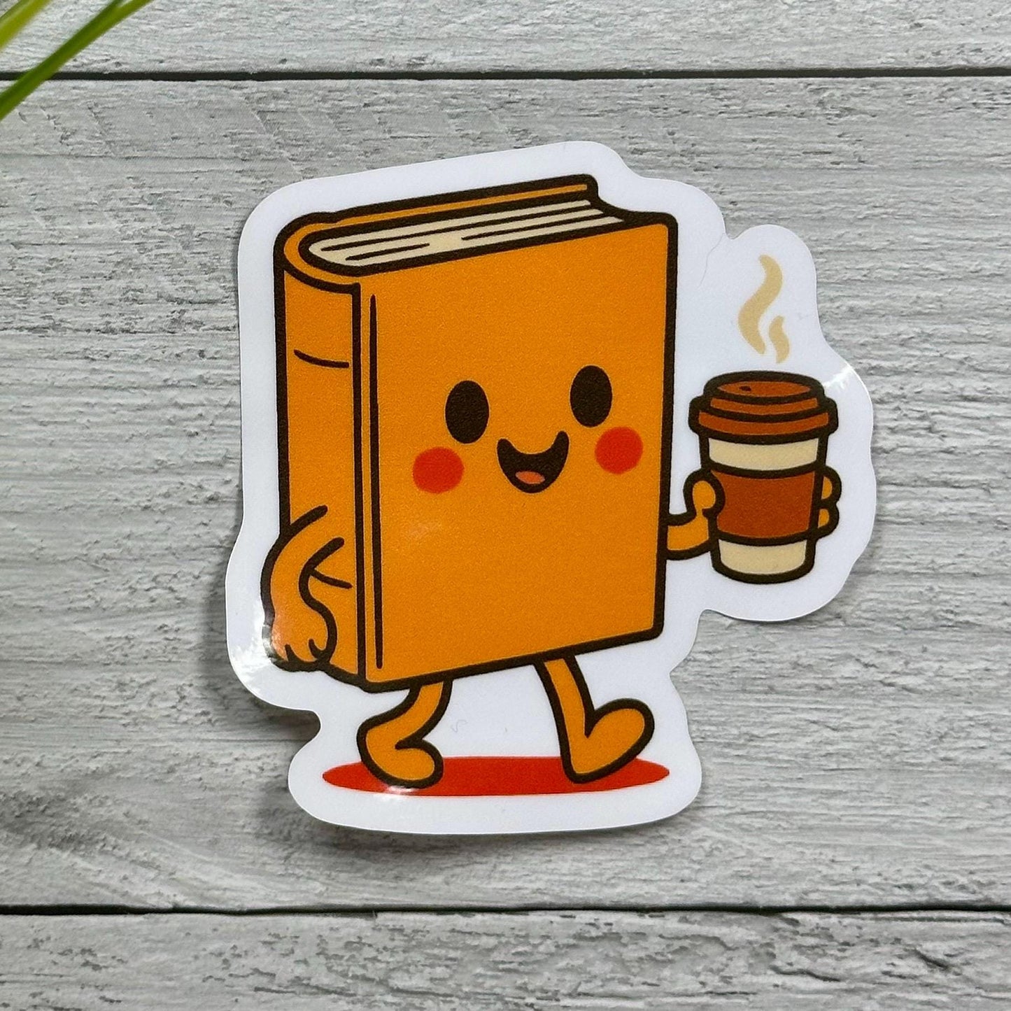 Book Drinking Coffee Vinyl Sticker, Cute Design (3in x 3in, Waterproof)