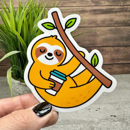 Cute Sloth Coffee Sticker: 3in x 2.5in Waterproof Vinyl Decal