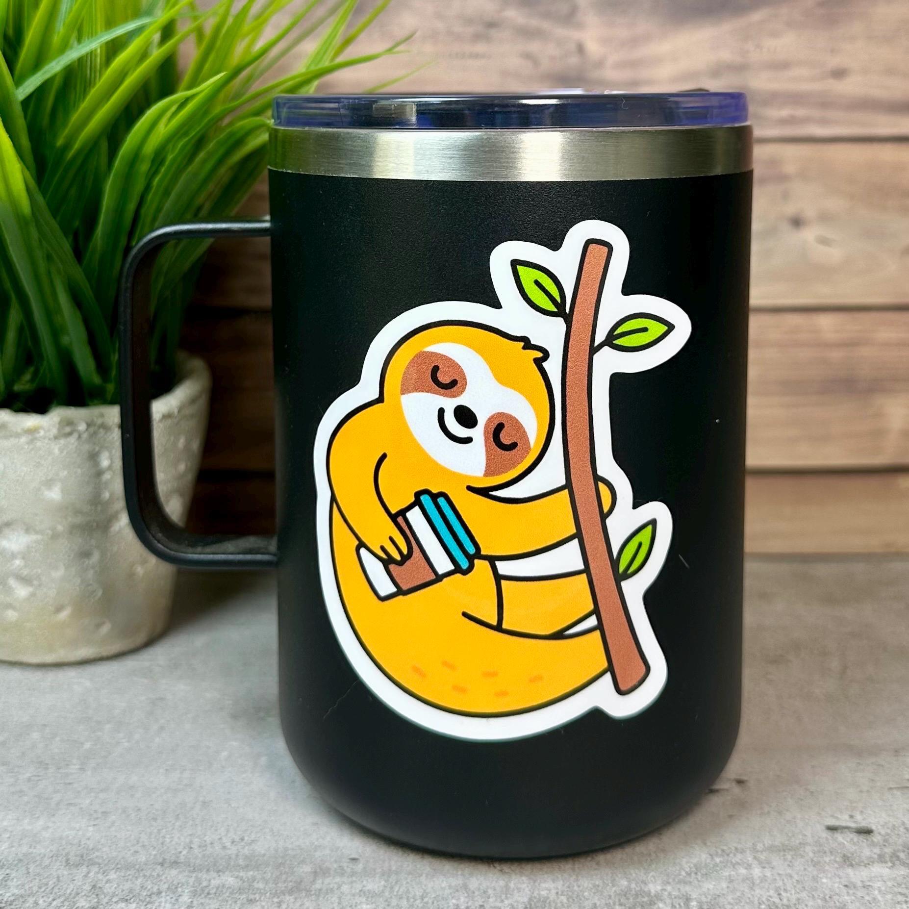 Cute Sloth Coffee Sticker: 3in x 2.5in Waterproof Vinyl Decal