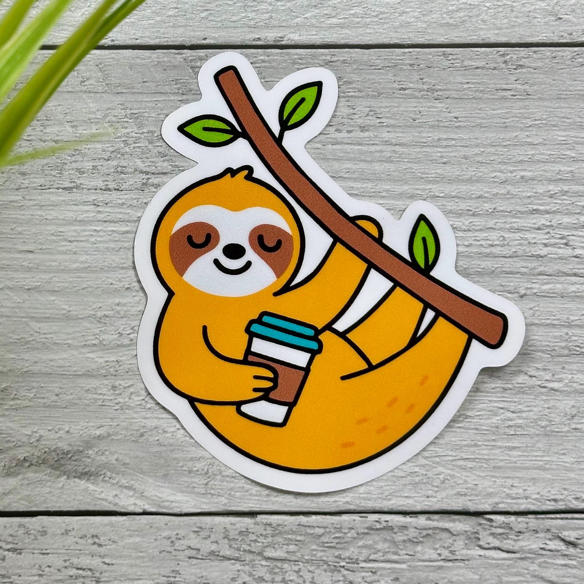 Cute Sloth Coffee Sticker: 3in x 2.5in Waterproof Vinyl Decal